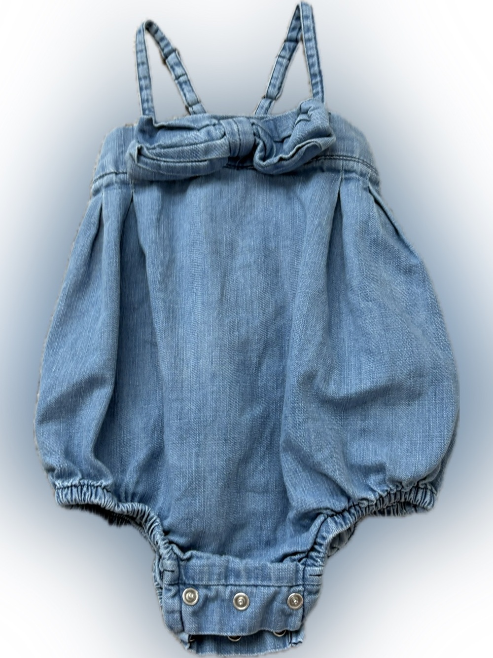 Ruffle Butts Light Blue Denim Bubble Romper with Bow